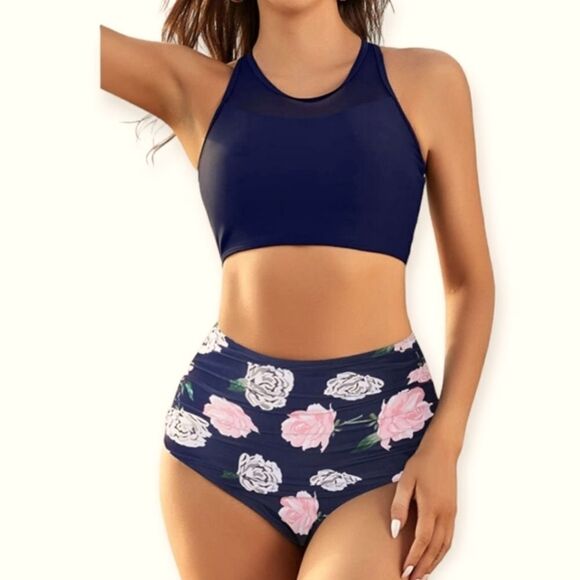 NWT High Waisted Swimsuits Mesh Sporty Tops Retro Swimwear Modest Racerback - Picture 1 of 5